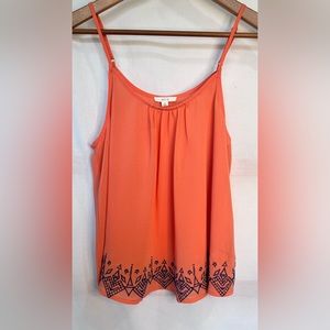 Mine • Peach Flowy Tank Top Blouse with Blue Embroidery • Large